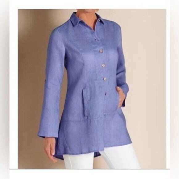 🌻Soft Surroundings Blue Linen Lagenlook Minimalist Tabbed Sleeve Tunic Medium - Picture 2 of 12